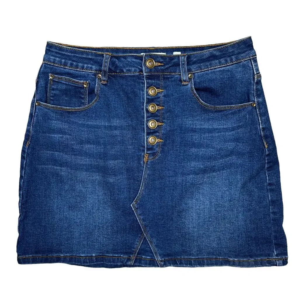 A Loves A Womens Denim Mini Skirt Sz 28 Button-Fly Dark Wash Stretch $89